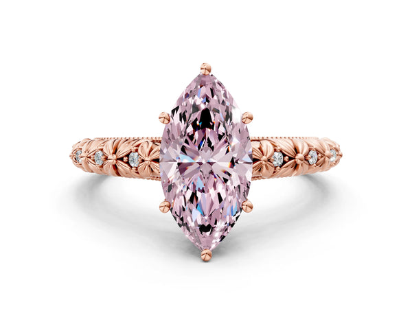 Rose gold Fancy Pink Marquise  Solitaire Floral Milgrain Engagement Ring