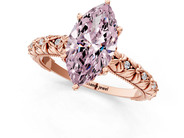 Rose gold Fancy Pink Marquise  Solitaire Floral Milgrain Engagement Ring