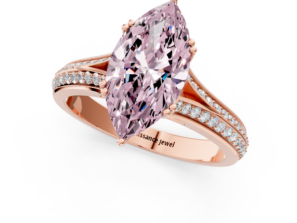 Rose gold Fancy Pink Marquise Cut Diamond Split Shank Engagement Ring with Pavé Band