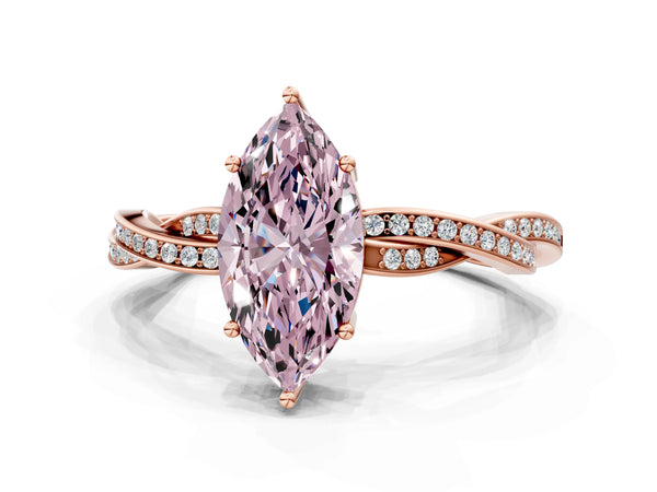 Rose gold Fancy Pink Marquise  Solitaire Twisted Pave Diamond Ring with Four-Prong Setting