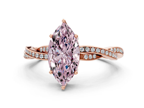 Rose gold Fancy Pink Marquise  Solitaire Twisted Pave Diamond Ring with Four-Prong Setting