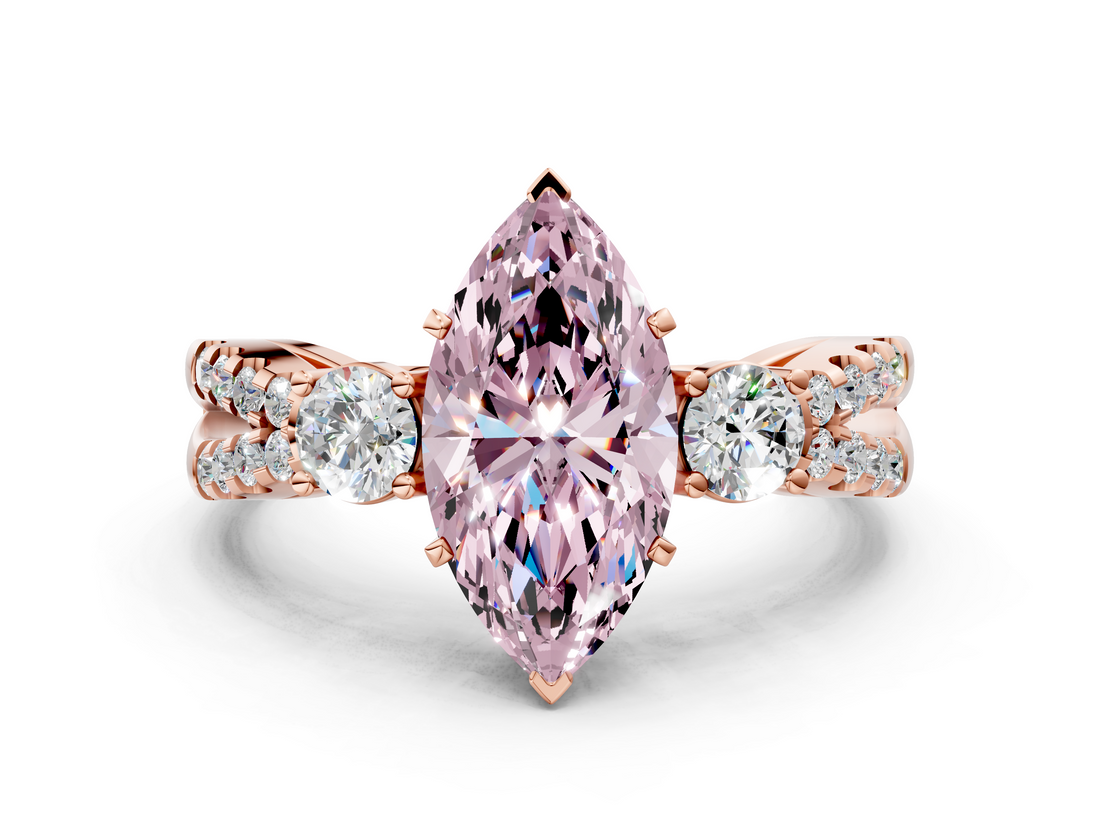 Rose gold Fancy Pink Marquise  Three-Stone Diamond Ring with Pavé Split Shank and Four-Prong Setting_62