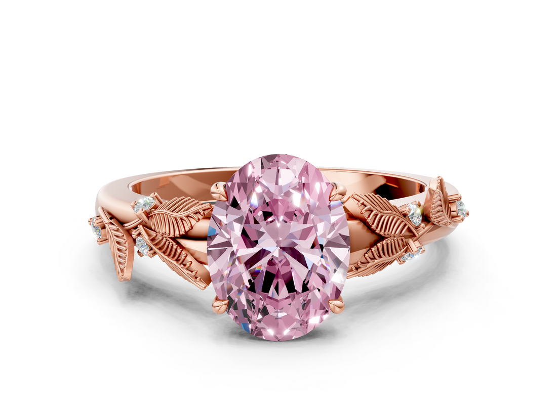 Rose gold Fancy Pink Oval  Brilliant Solitaire with Leaf Motif Band and Four-Prong Setting_56
