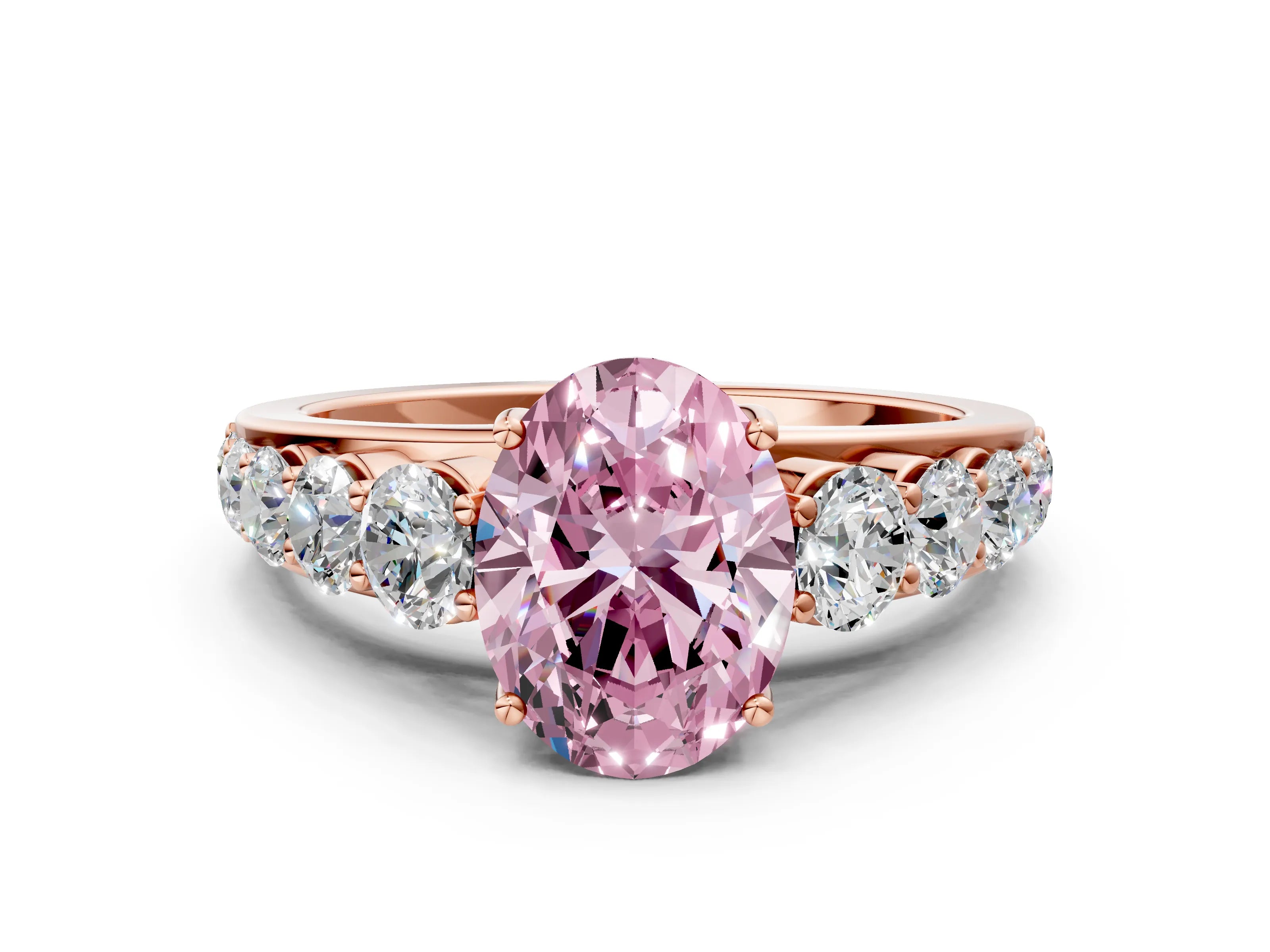 Rose gold Fancy Pink Oval Cut Brilliant Diamond Pavé Band with Six-Prong Setting