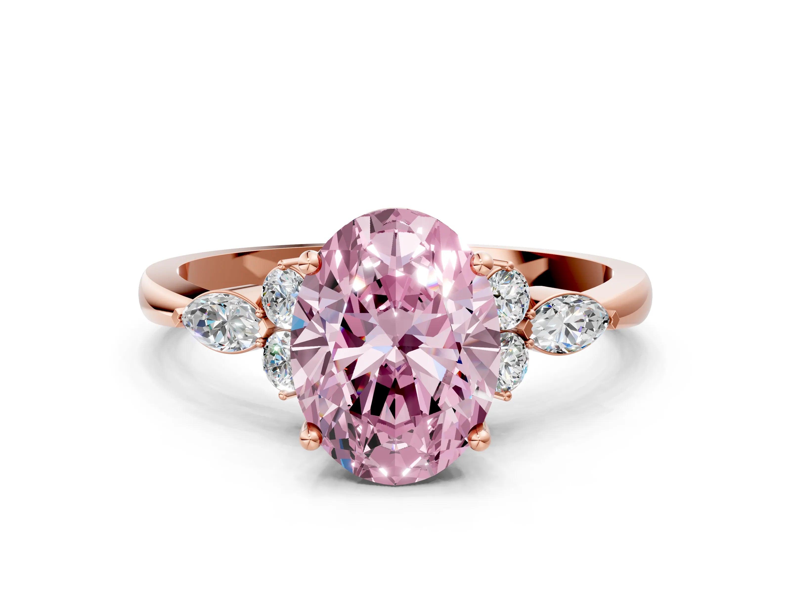 Rose gold Fancy Pink Oval Cut Brilliant Diamond Solitaire Ring with Pear Side Stones and Four-Prong Setting_3