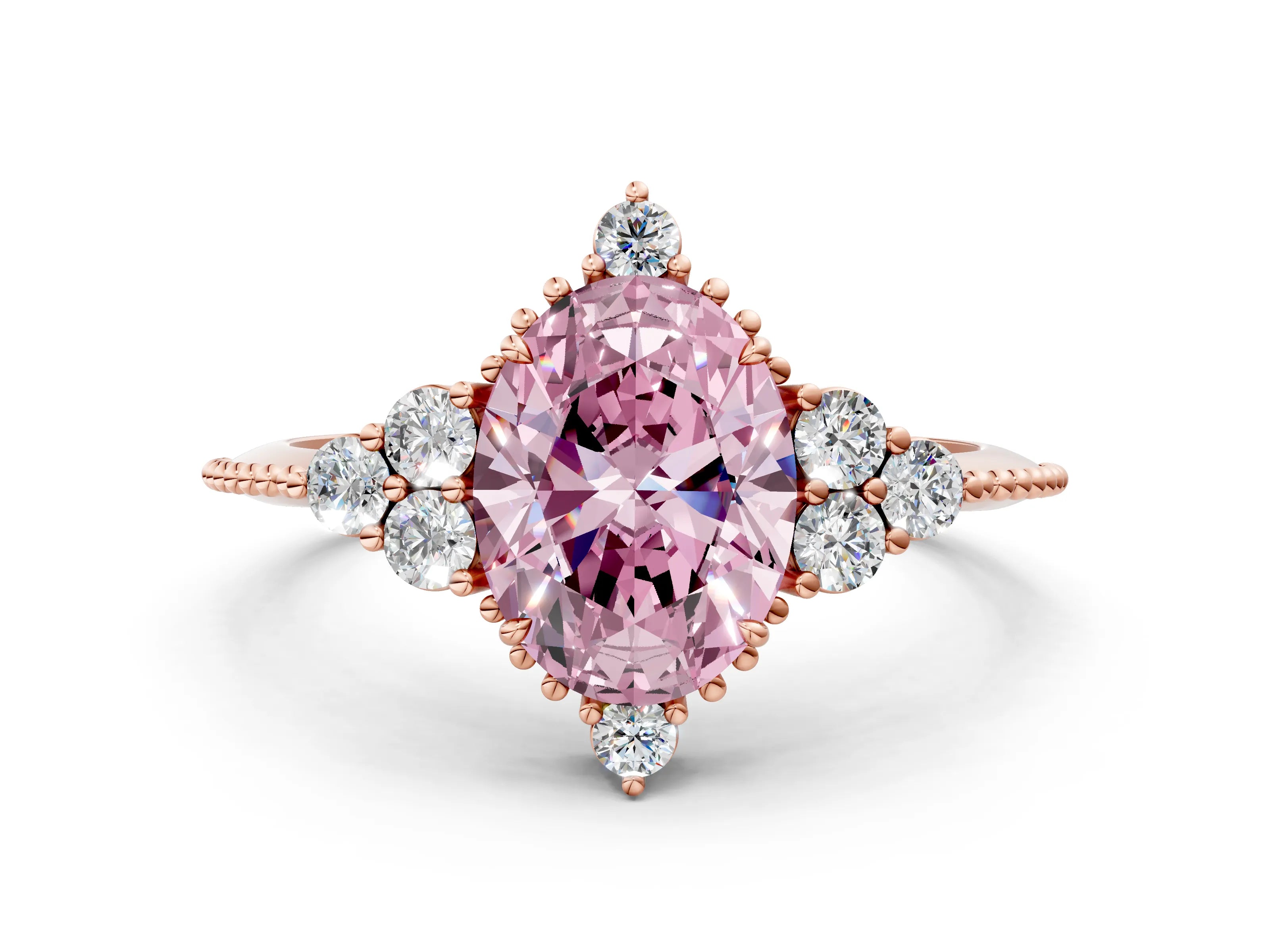 Rose gold Fancy Pink Oval Cut Brilliant Diamond with Cluster Setting on a Beaded Band and Four-Prong Setting