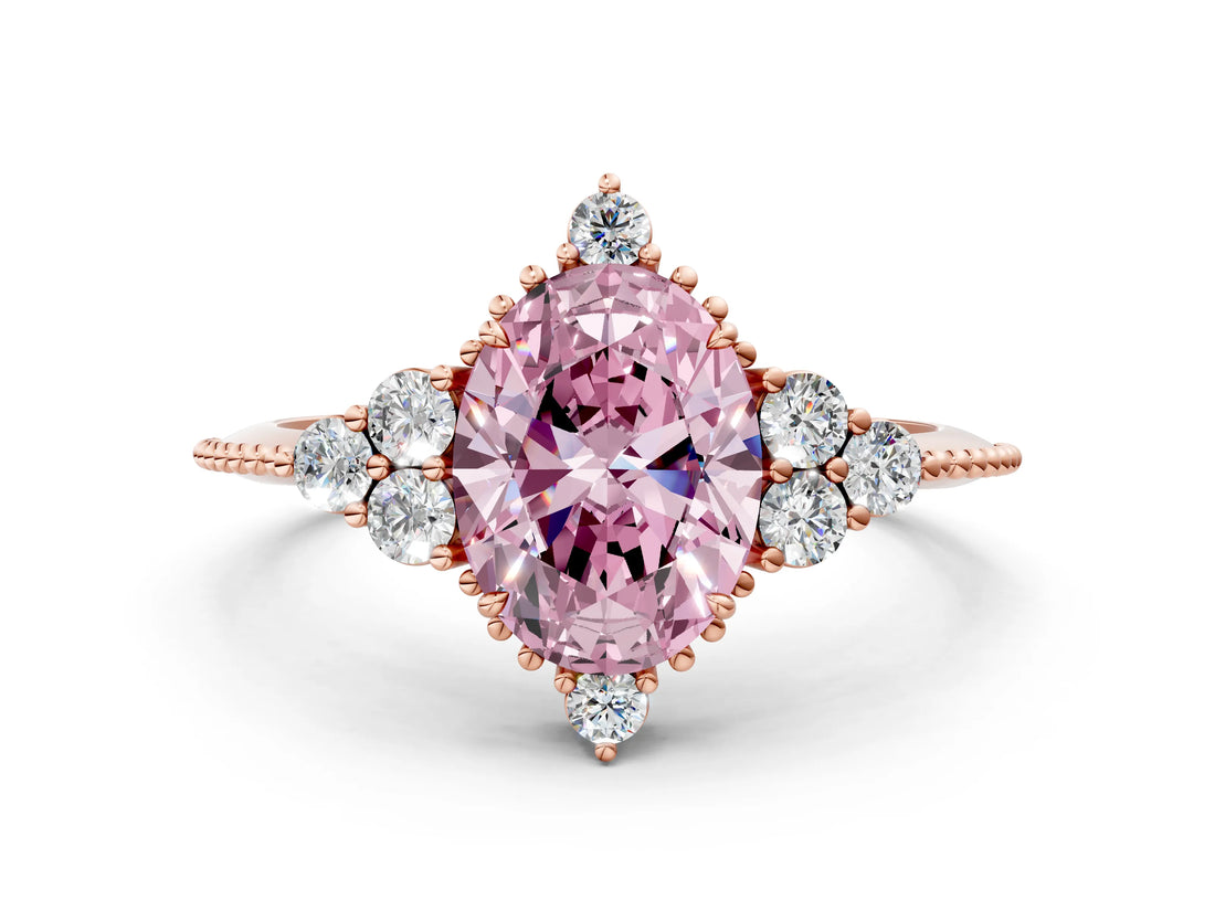 Rose gold Fancy Pink Oval Cut Brilliant Diamond with Cluster Setting on a Beaded Band and Four-Prong Setting