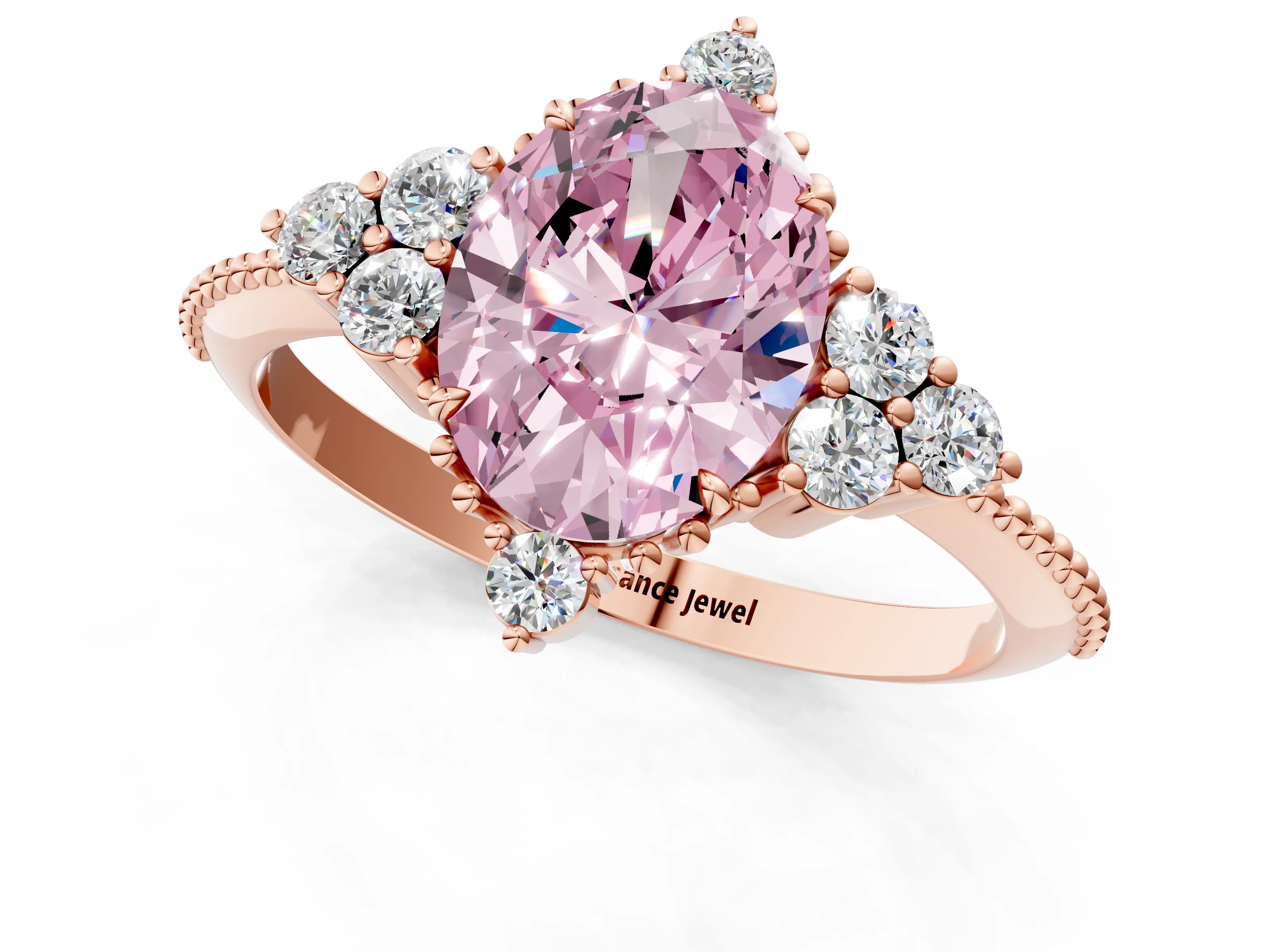 Rose gold Fancy Pink Oval Cut Brilliant Diamond with Cluster Setting on a Beaded Band and Four-Prong Setting_1