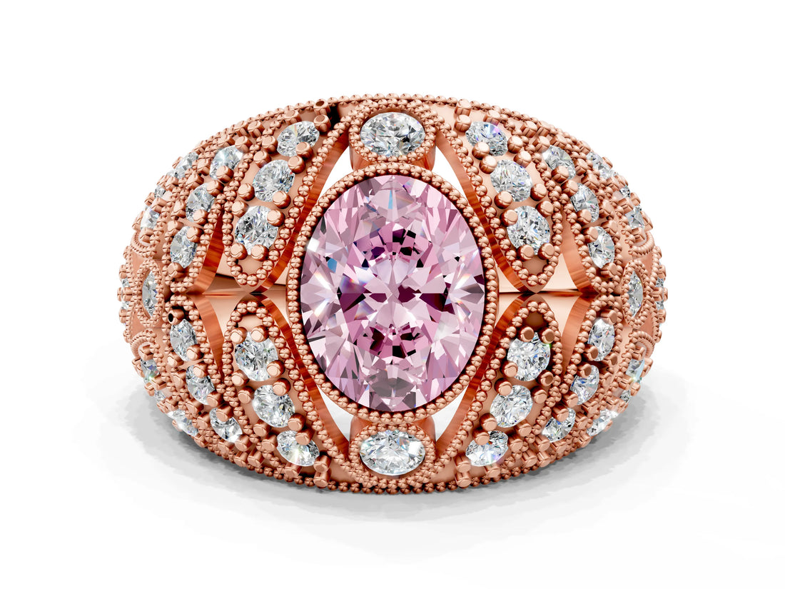 Rose gold Fancy Pink Oval Cut Brilliant Halo Pave Diamond Milgrain Ring