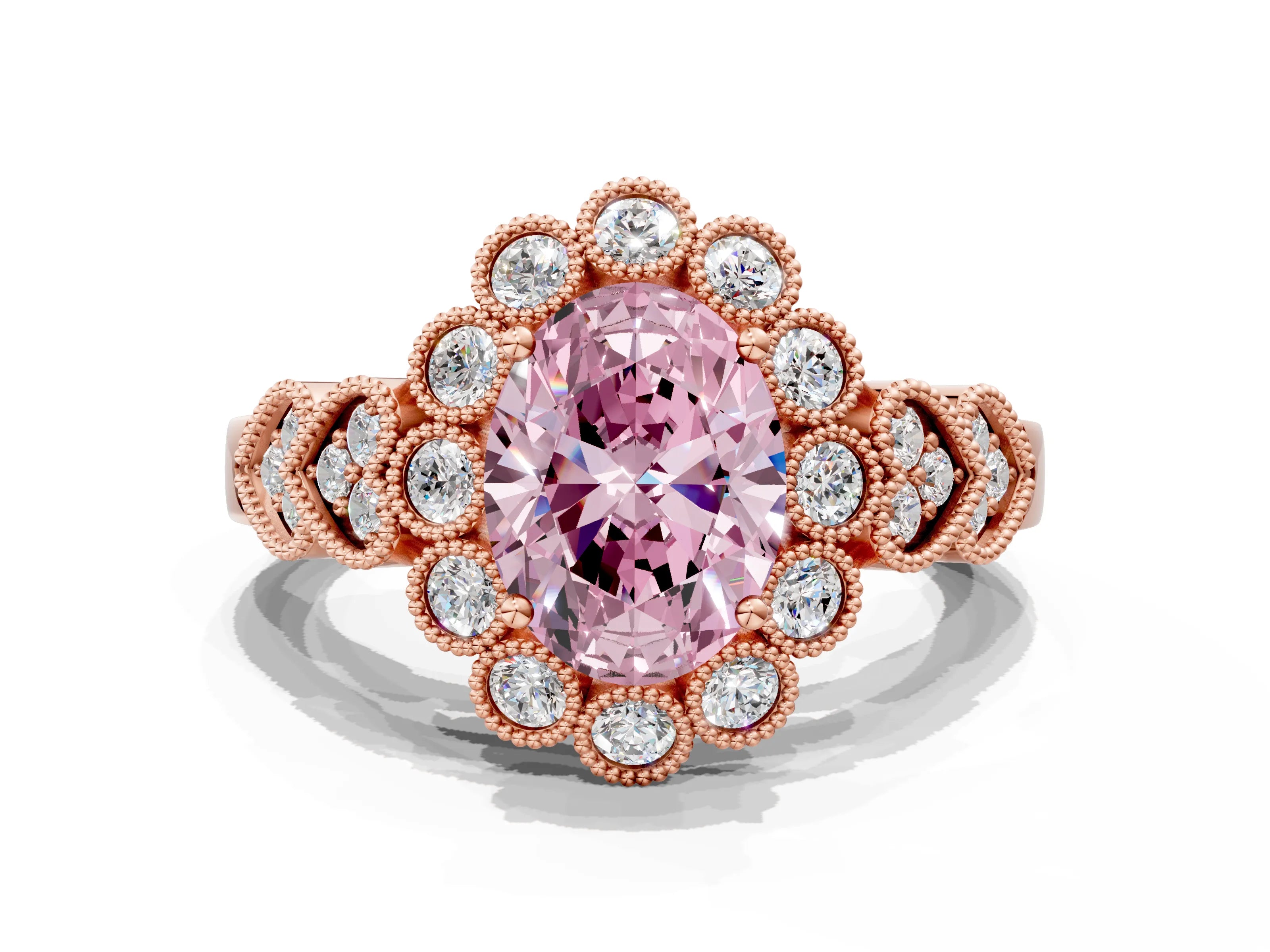 Rose gold Fancy Pink Oval Cut Brilliant Milgrain Pave Heart Band Solitaire Ring