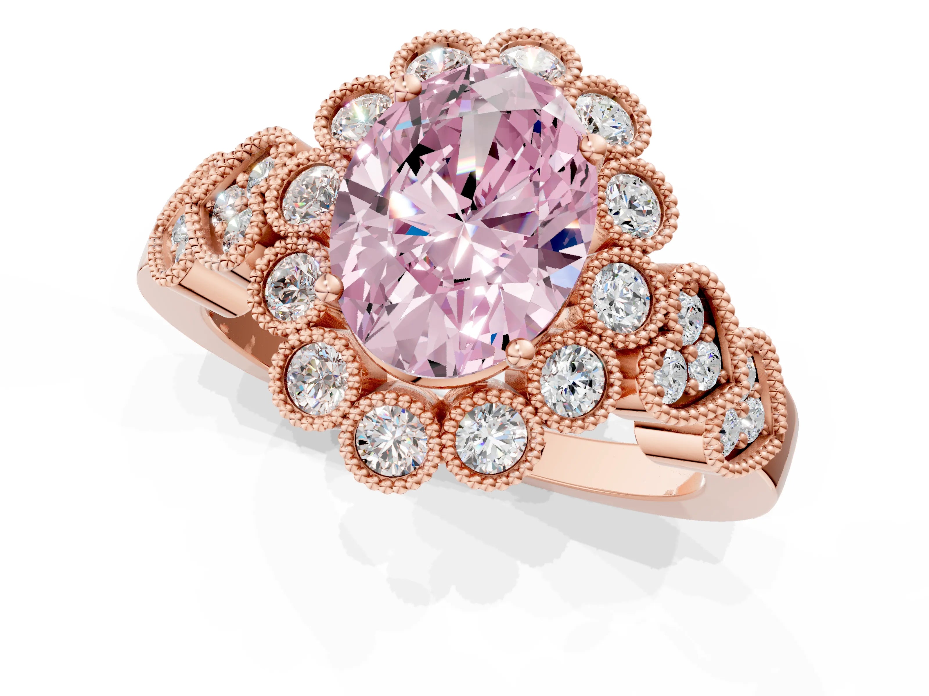 Rose gold Fancy Pink Oval Cut Brilliant Milgrain Pave Heart Band Solitaire Ring_1