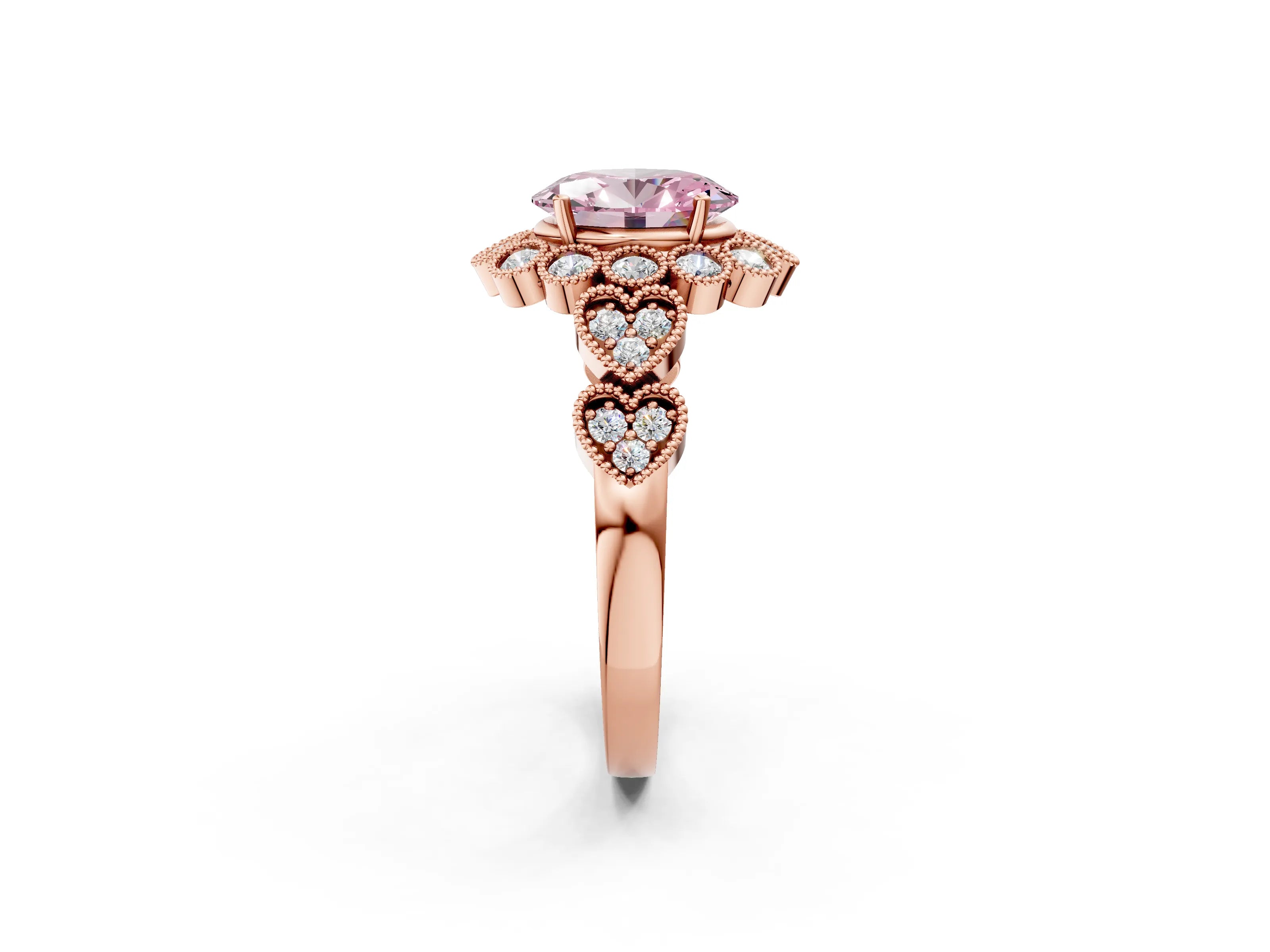 Rose gold Fancy Pink Oval Cut Brilliant Milgrain Pave Heart Band Solitaire Ring_2
