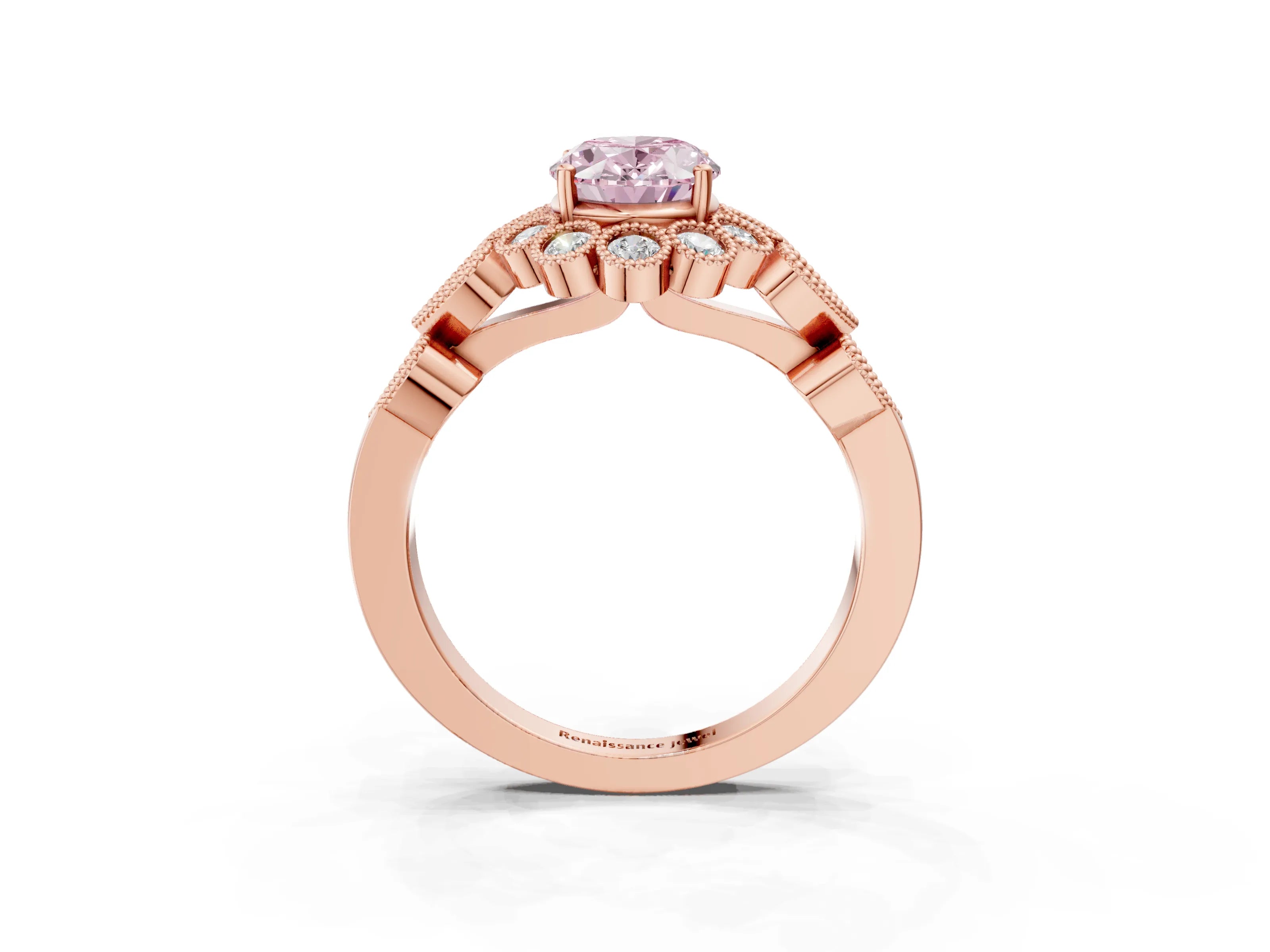 Rose gold Fancy Pink Oval Cut Brilliant Milgrain Pave Heart Band Solitaire Ring_3