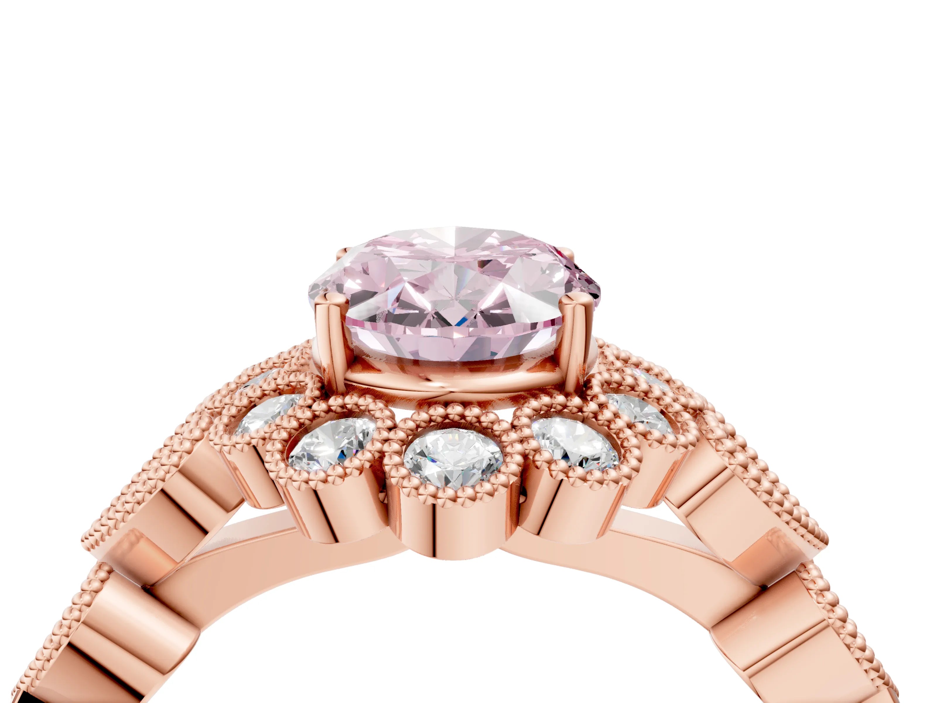 Rose gold Fancy Pink Oval Cut Brilliant Milgrain Pave Heart Band Solitaire Ring_4