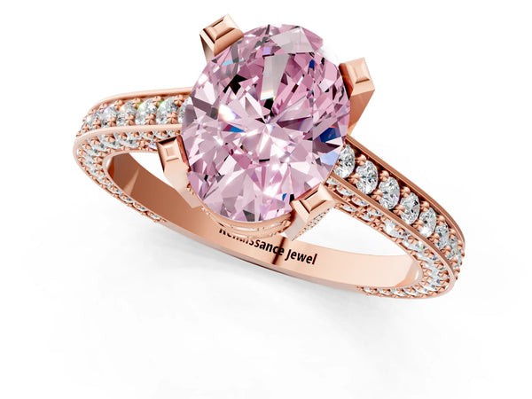 Rose gold Fancy Pink Oval Cut Brilliant Split Shank Pave Solitaire Ring with Four-Prong Setting