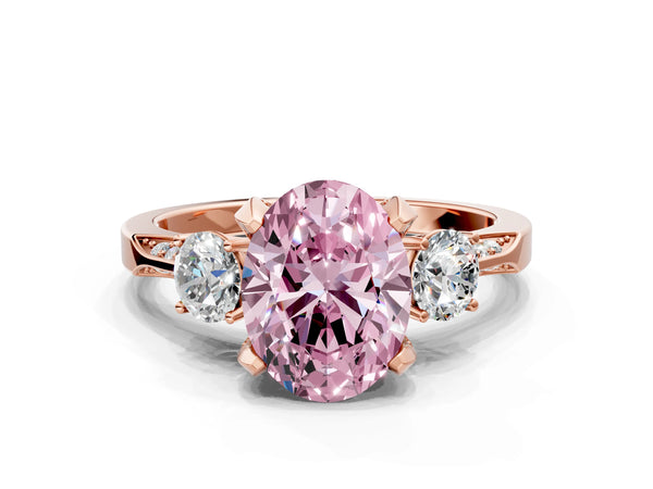 Rose gold Fancy Pink Oval Cut Brilliant Three-Stone Diamond Ring with Pavé Band and Four-Prong Setting