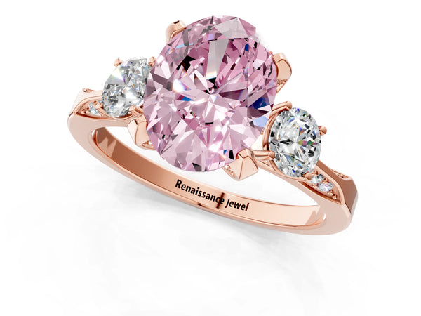 Rose gold Fancy Pink Oval Cut Brilliant Three-Stone Diamond Ring with Pavé Band and Four-Prong Setting