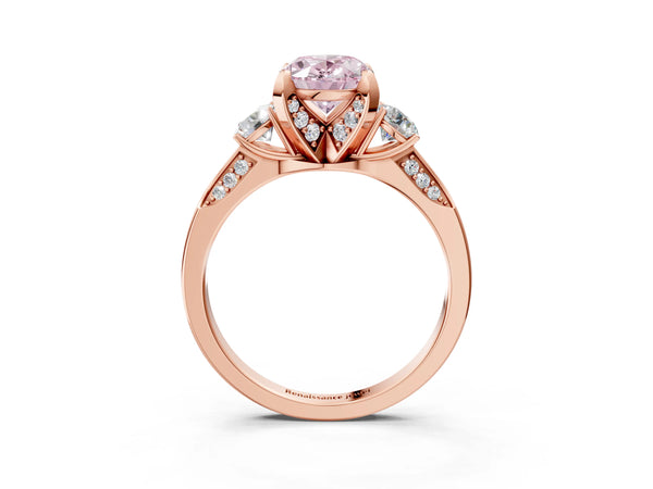 Rose gold Fancy Pink Oval Cut Brilliant Three-Stone Diamond Ring with Pavé Band and Four-Prong Setting