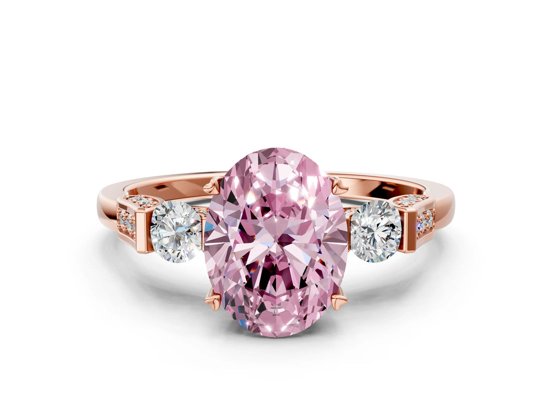 Rose gold Fancy Pink Oval Cut Brilliant Three-Stone Pave Band with Four-Prong Setting