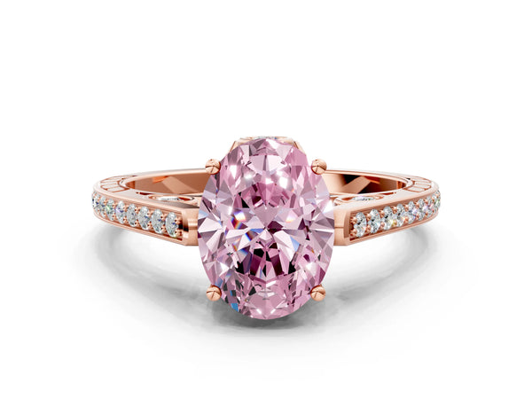 Rose gold Fancy Pink Oval  Cut Cathedral Pave Diamond Engagement Ring with Six-Prong Setting