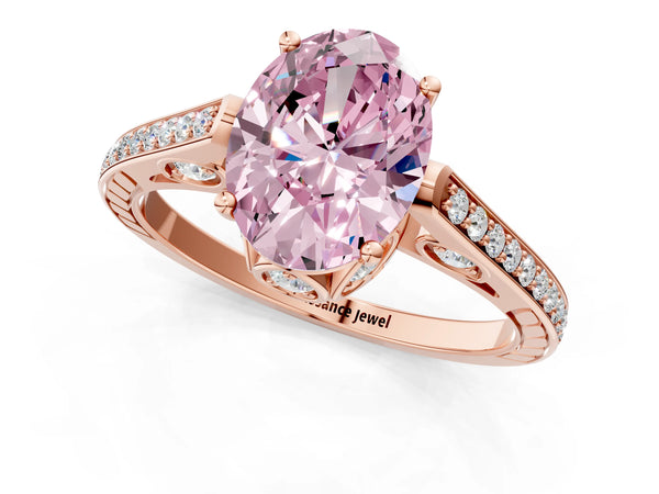 Rose gold Fancy Pink Oval  Cut Cathedral Pave Diamond Engagement Ring with Six-Prong Setting