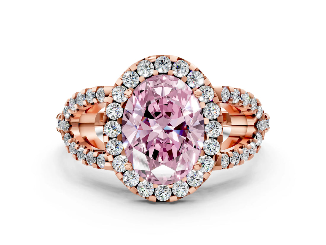 Rose gold Fancy Pink Oval Cut Cut Diamond Halo Engagement Ring with Open Split Pavé Band