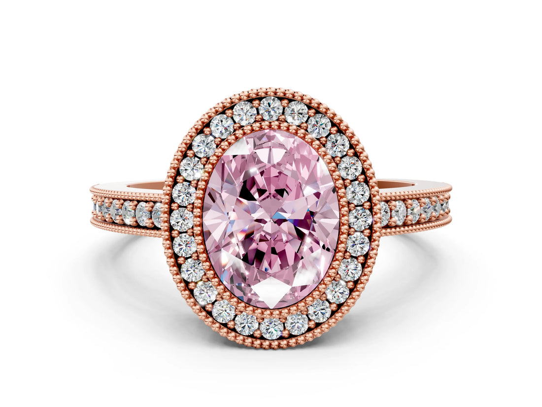 Rose gold Fancy Pink Oval Cut-Cut Diamond Halo Engagement Ring with Pave Band and Prong Setting