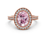 Rose gold Fancy Pink Oval Cut-Cut Diamond Halo Engagement Ring with Pave Band and Prong Setting