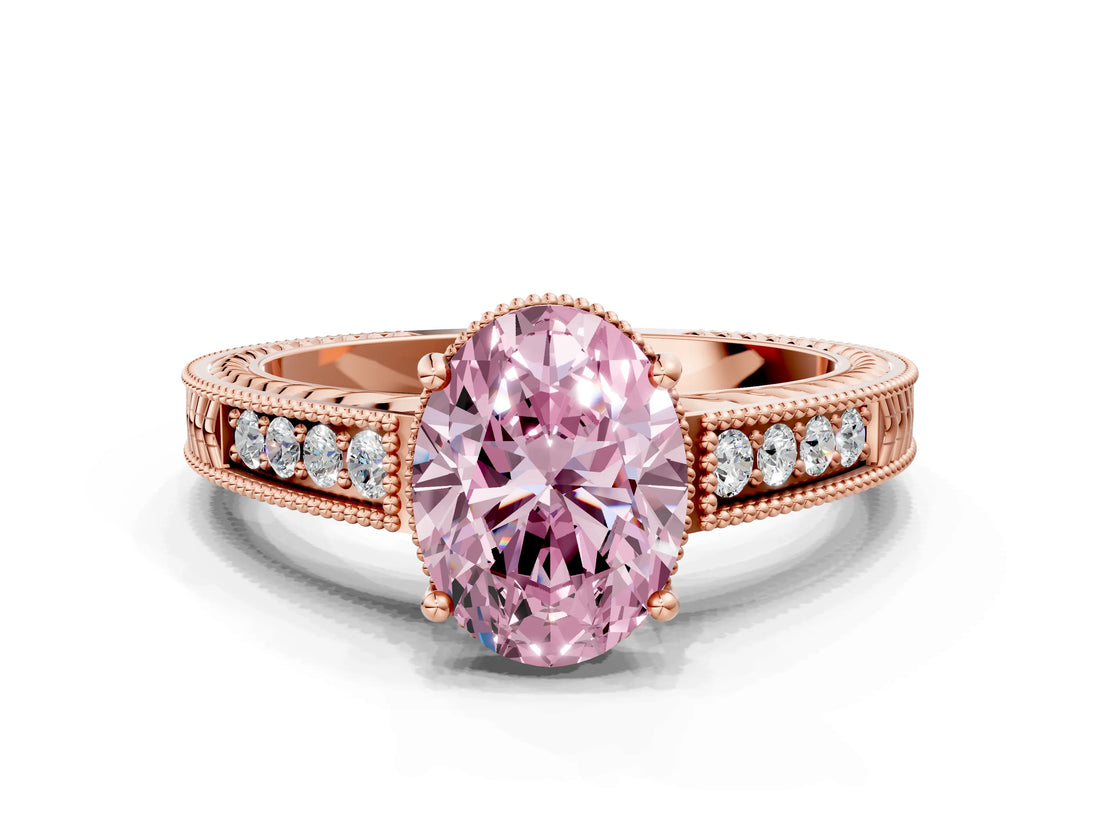 Rose gold Fancy Pink Oval Cut Cut Diamond Milgrain Pave Band Four-Prong Setting Ring_3