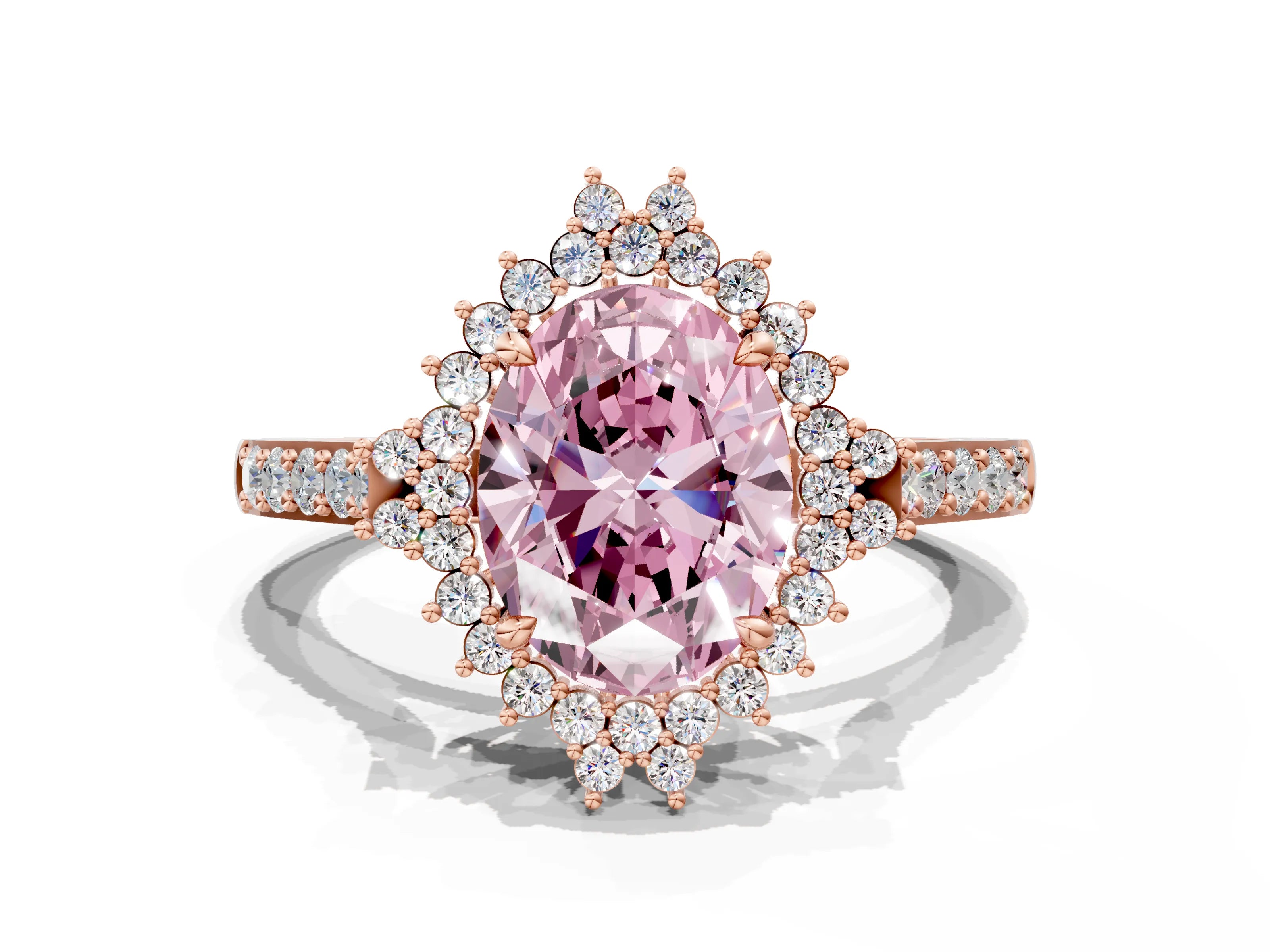 Rose gold Fancy Pink Oval Cut Cut Diamond Sunburst Halo Engagement Ring with Pavé Band
