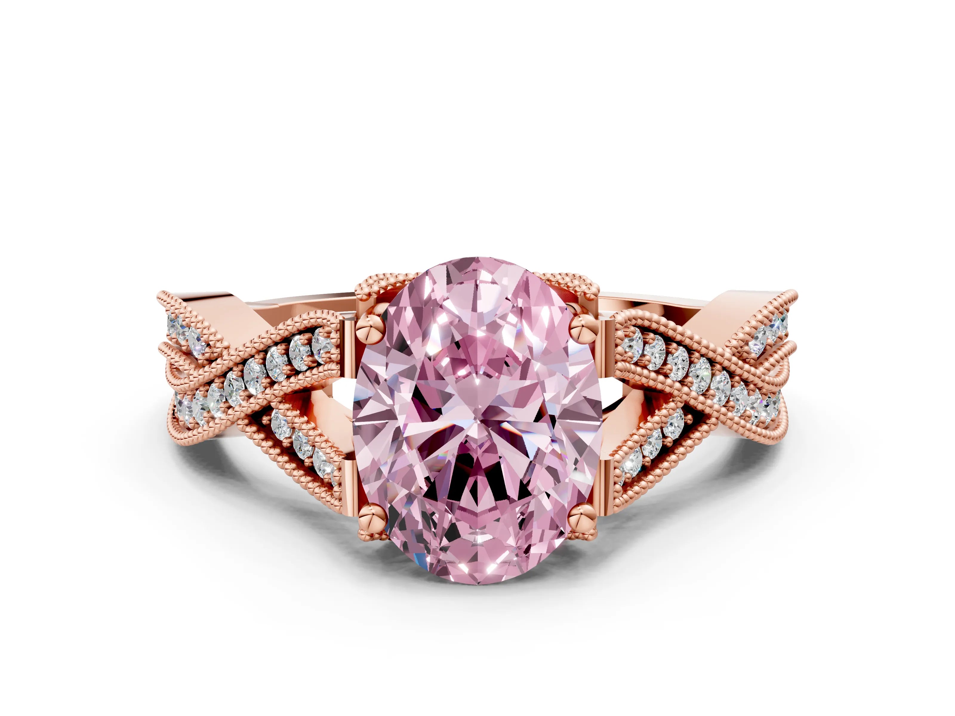 Rose gold Fancy Pink Oval Cut Cut Diamond Twisted Band with Milgrain Pave Setting and Four-Prong Setting