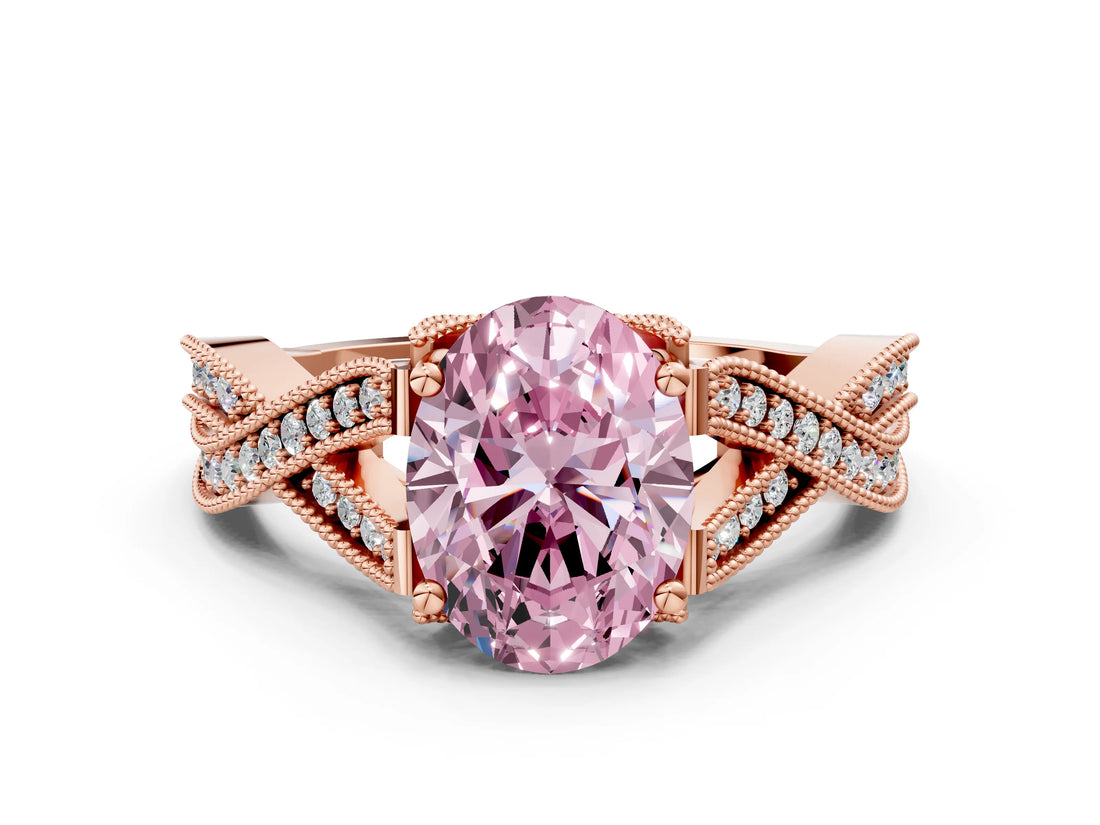 Rose gold Fancy Pink Oval Cut Cut Diamond Twisted Band with Milgrain Pave Setting and Four-Prong Setting