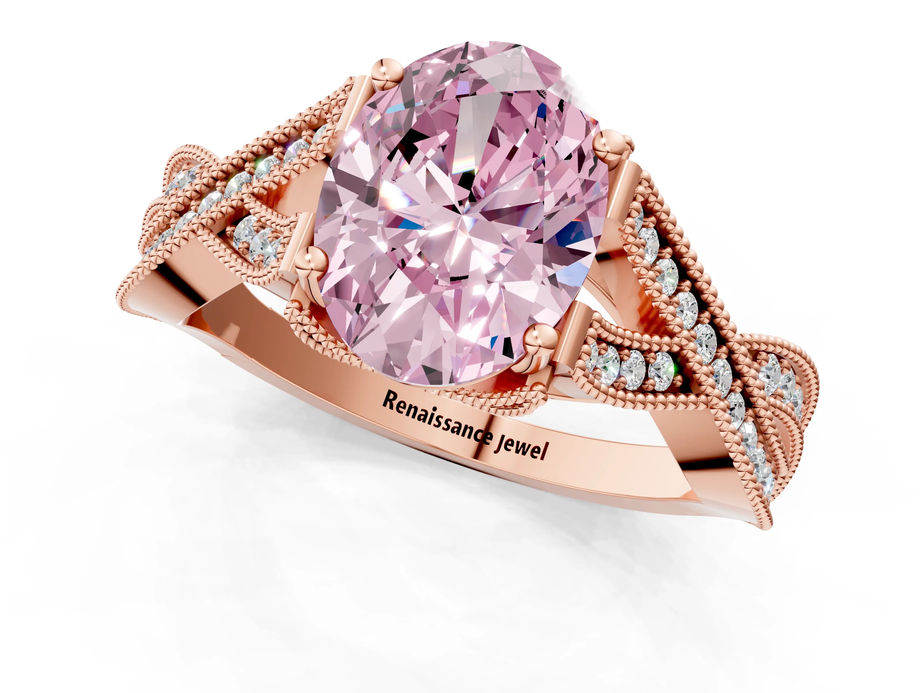 Rose gold Fancy Pink Oval Cut Cut Diamond Twisted Band with Milgrain Pave Setting and Four-Prong Setting_1
