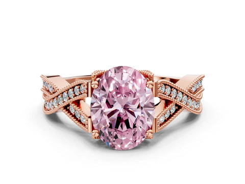 Rose gold Fancy Pink Oval Cut Cut Diamond Twisted Band with Milgrain Pave Setting and Four-Prong Setting