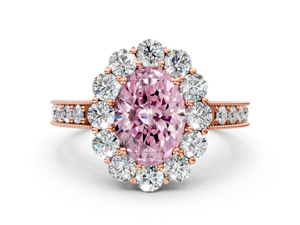 Rose gold Fancy Pink Oval Cut Cut Halo Diamond Pavé Engagement Ring with Milgrain Detailing