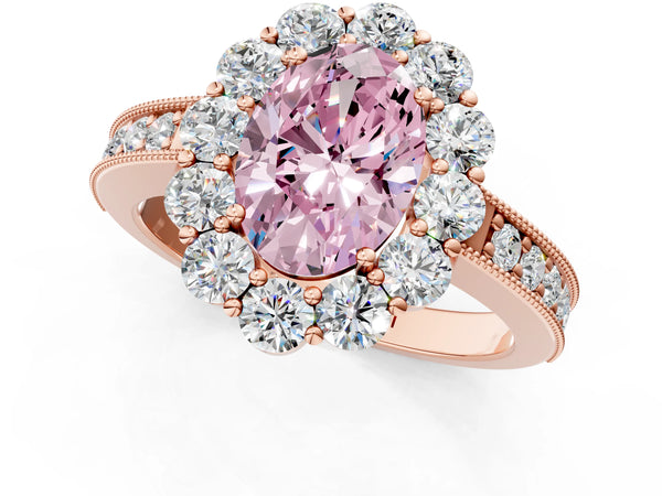 Rose gold Fancy Pink Oval Cut Cut Halo Diamond Pavé Engagement Ring with Milgrain Detailing