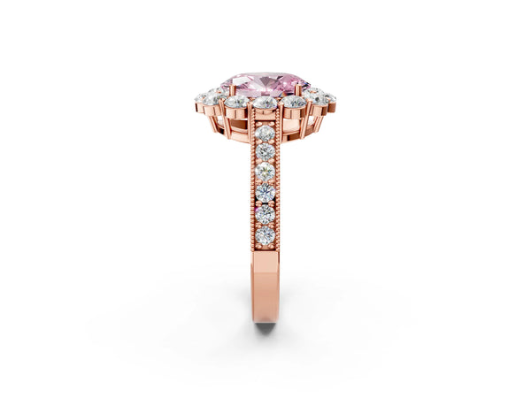 Rose gold Fancy Pink Oval Cut Cut Halo Diamond Pavé Engagement Ring with Milgrain Detailing