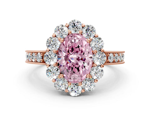 Rose gold Fancy Pink Oval Cut Cut Halo Diamond Pavé Engagement Ring with Milgrain Detailing