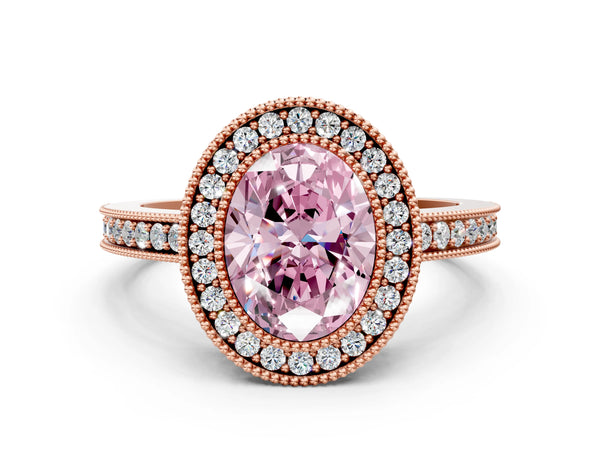 Rose Gold Oval Double Milgrain Halo Engagement Ring Setting for Fancy Pink Center