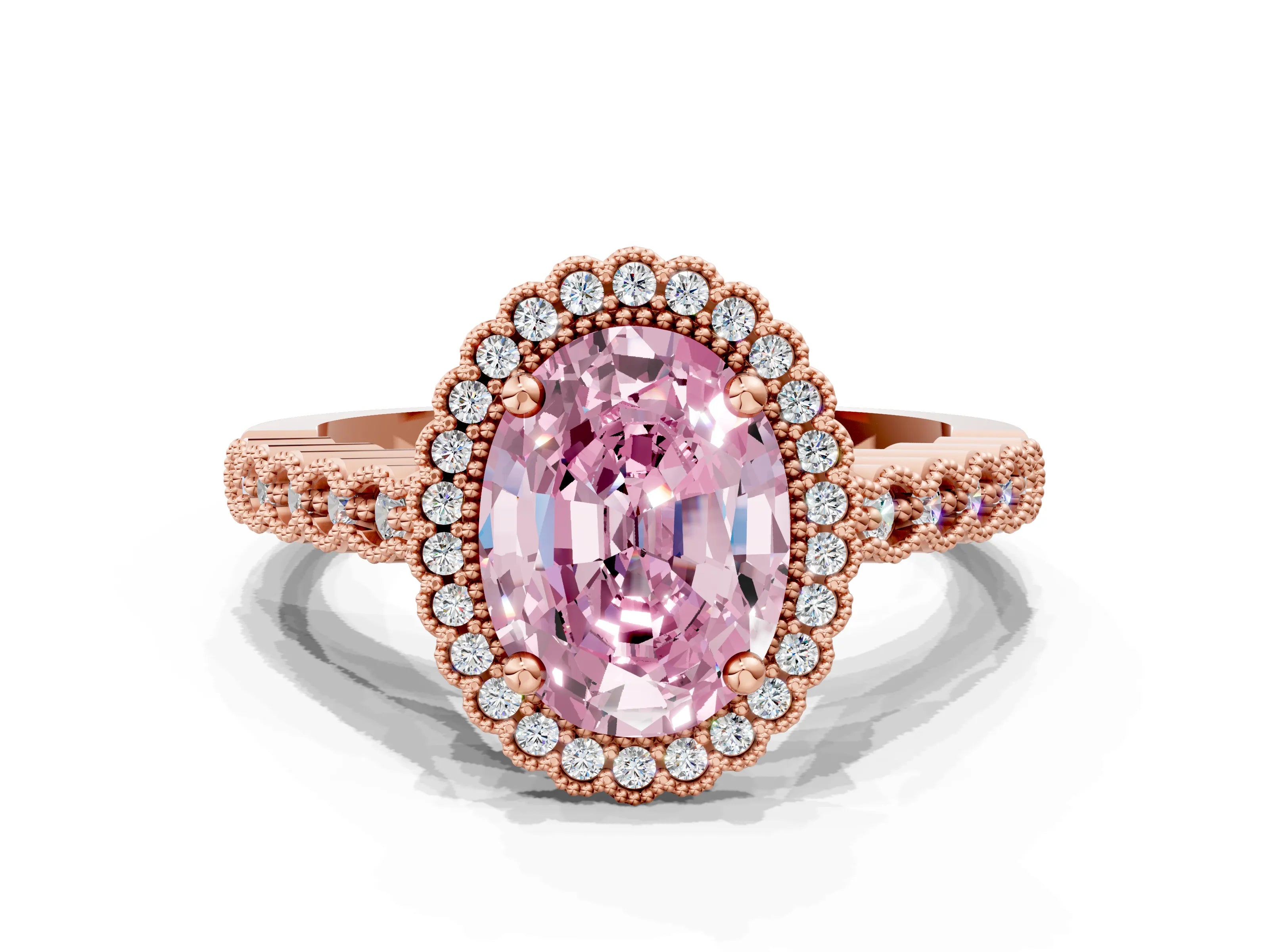 Rose gold Fancy Pink Oval Cut Cut Halo Pavé Solitaire Ring with Milgrain Band