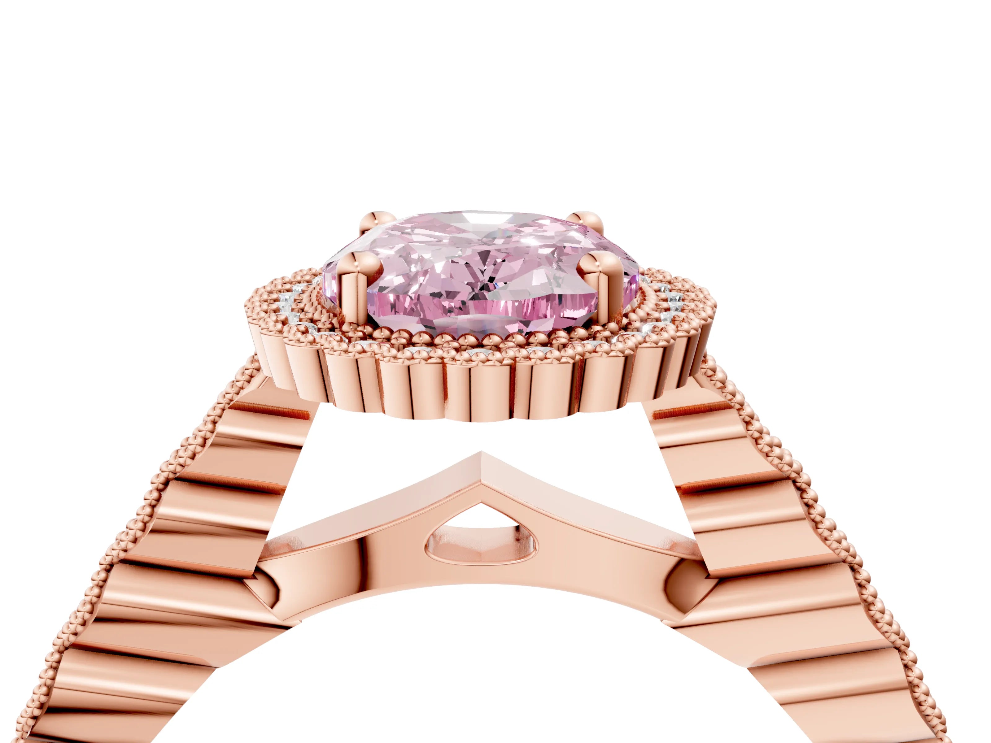 Rose gold Fancy Pink Oval Cut Cut Halo Pavé Solitaire Ring with Milgrain Band_4