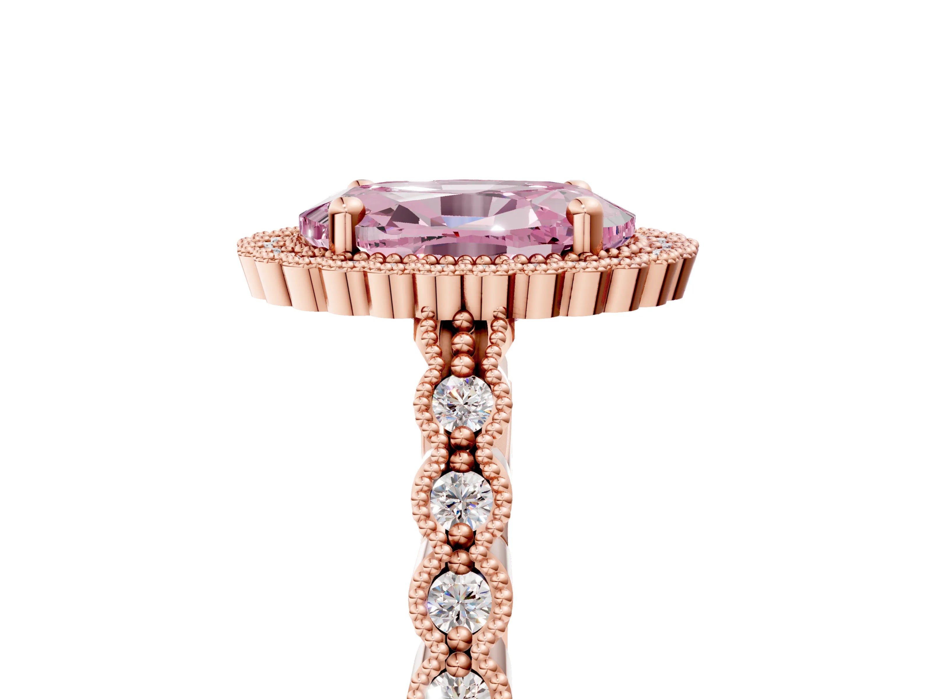 Rose gold Fancy Pink Oval Cut Cut Halo Pavé Solitaire Ring with Milgrain Band_5