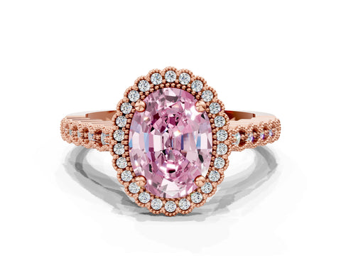 Rose gold Fancy Pink Oval Cut Cut Halo Pavé Solitaire Ring with Milgrain Band