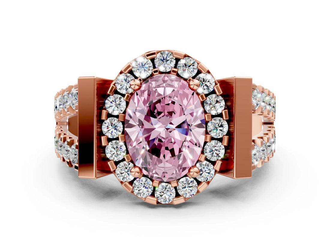 Rose gold Fancy Pink Oval Cut Cut Halo Split Shank Prong Set Ring