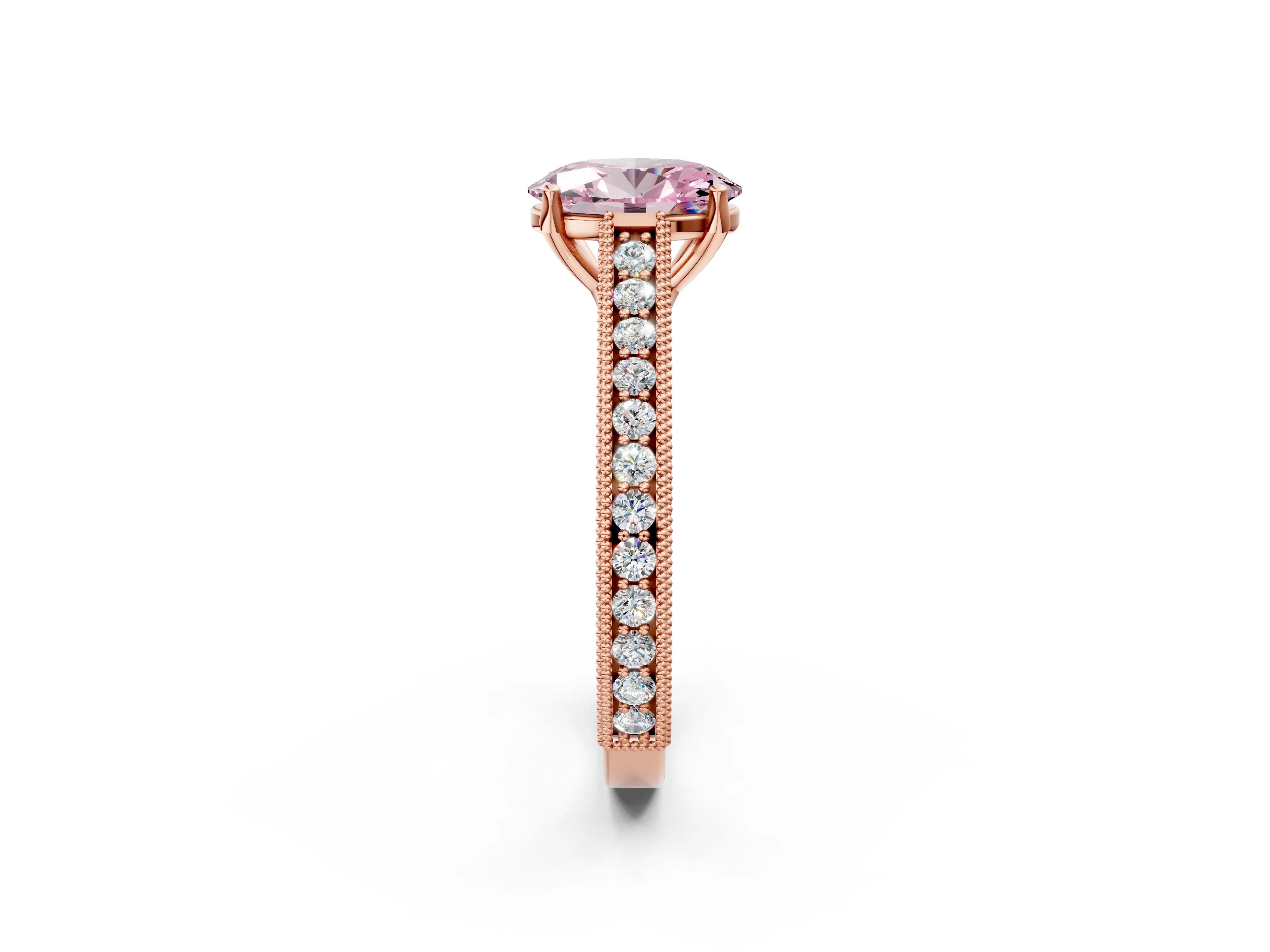 Rose gold Fancy Pink Oval Cut Cut Pave Band Milgrain Solitaire Ring_2
