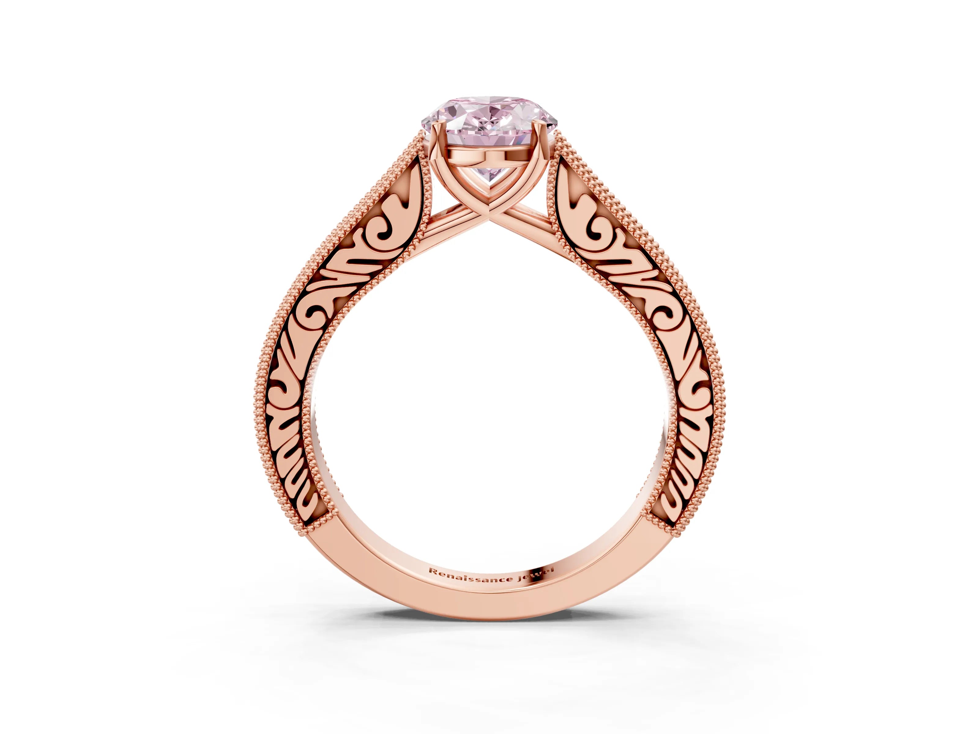 Rose gold Fancy Pink Oval Cut Cut Pave Band Milgrain Solitaire Ring_3