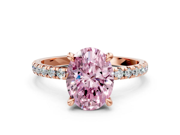 Rose gold Fancy Pink Oval Cut Diamond Brilliant Solitaire Ring with Pavé Band and Four-Prong Setting
