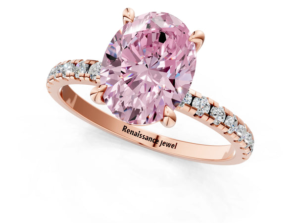 Rose gold Fancy Pink Oval Cut Diamond Brilliant Solitaire Ring with Pavé Band and Four-Prong Setting