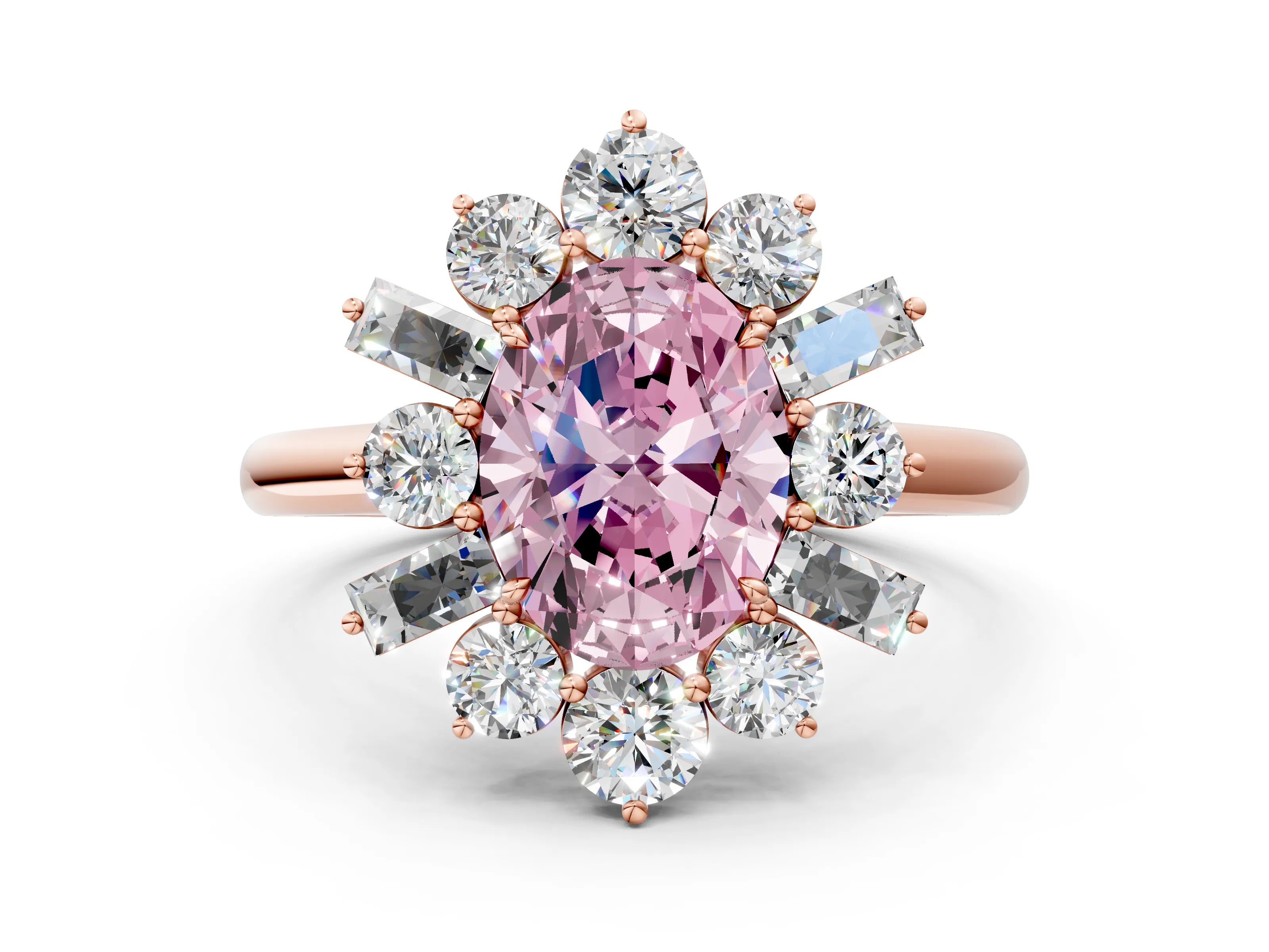 Rose gold Fancy Pink Oval Cut Diamond Cluster Ring with Round and Baguette Stones, Split Shank Band, Prong Setting