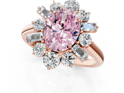 Rose gold Fancy Pink Oval Cut Diamond Cluster Ring with Round and Baguette Stones, Split Shank Band, Prong Setting_1